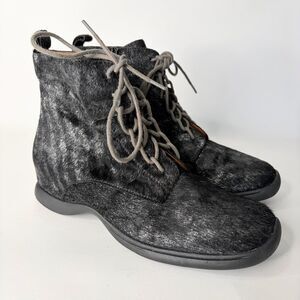 L'Amour Des Pieds Boots Hair On Leather Lace Up Black Ankle Boots Women 7.5 M
